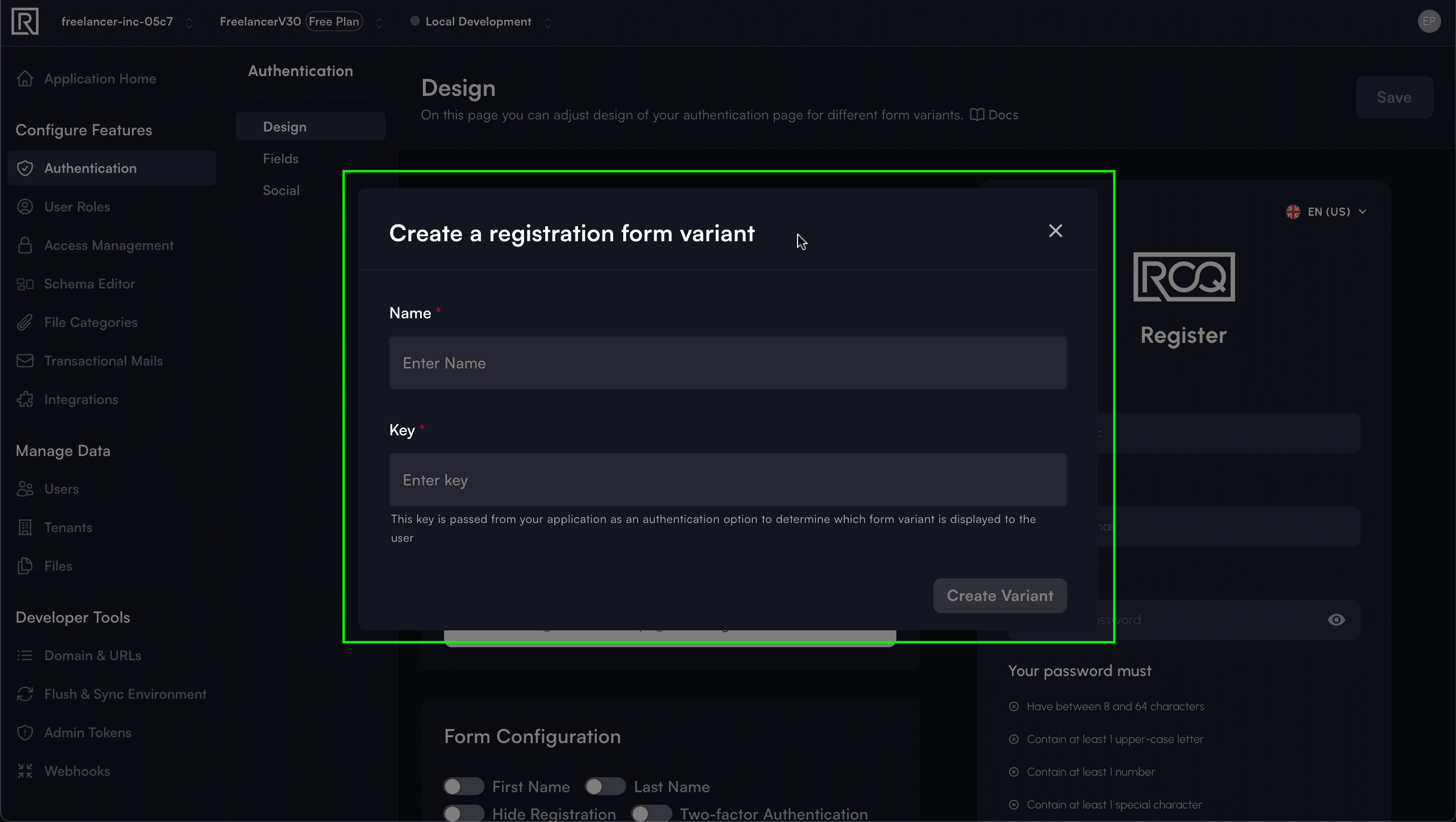 Create a registarion form variant